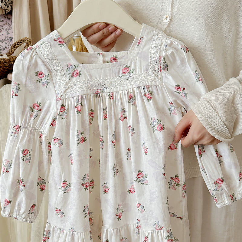 Design Autumn Girls Fashion Floral Long Sleeves Square Neck Dress-1
