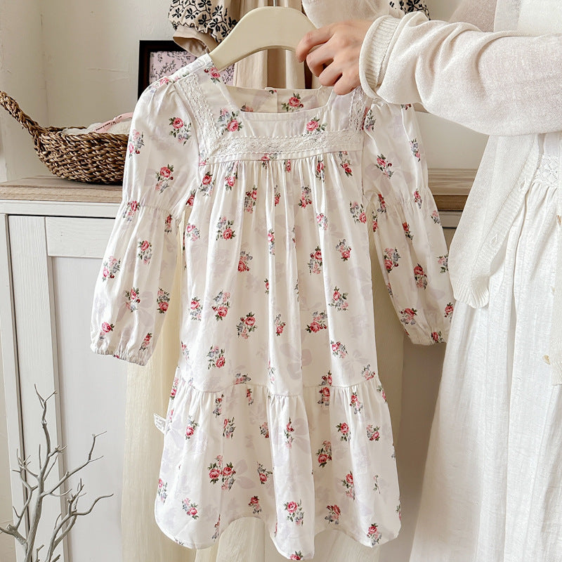 Design Autumn Girls Fashion Floral Long Sleeves Square Neck Dress-2