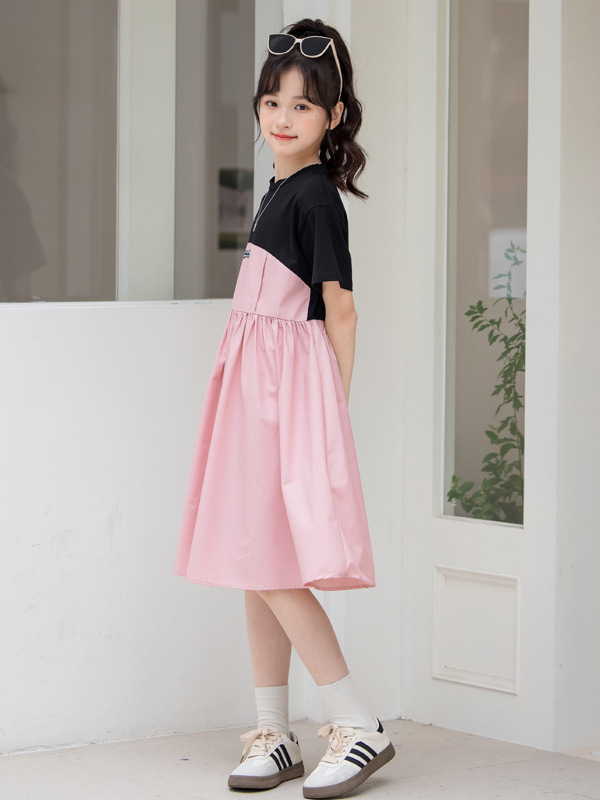 New Arrival Summer Kids Girls Fashion Color Patchwork Cotton Short Sleeves Dress-2