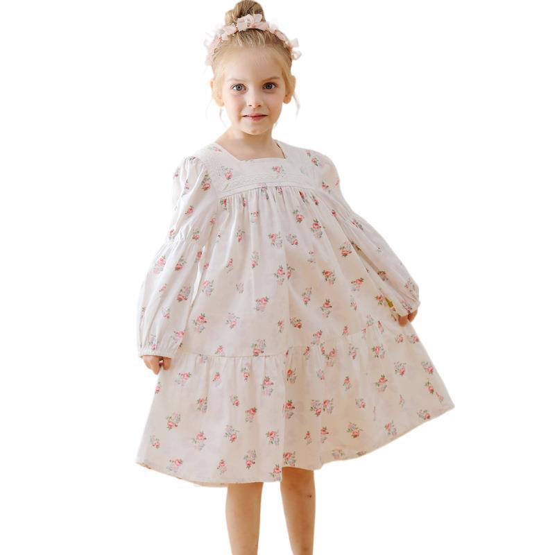 Design Autumn Girls Fashion Floral Long Sleeves Square Neck Dress-3
