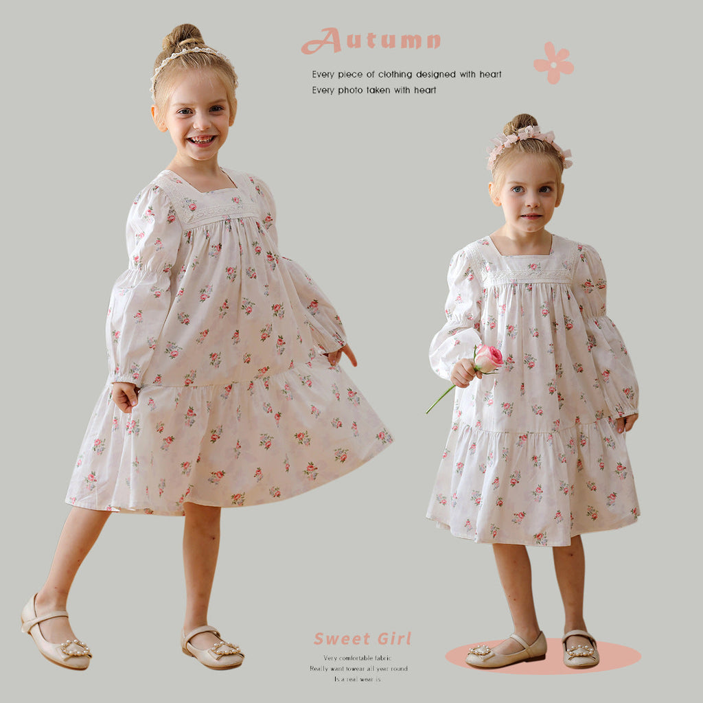 Design Autumn Girls Fashion Floral Long Sleeves Square Neck Dress-0