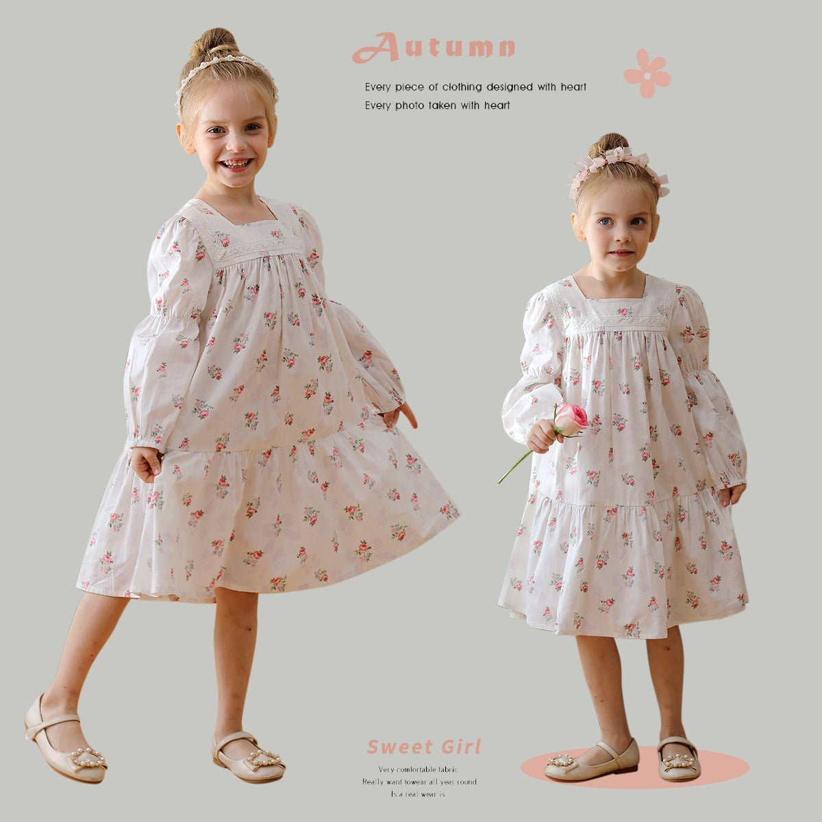 Design Autumn Girls Fashion Floral Long Sleeves Square Neck Dress-0