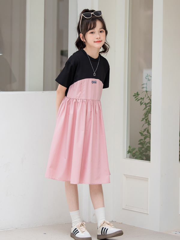 New Arrival Summer Kids Girls Fashion Color Patchwork Cotton Short Sleeves Dress-3