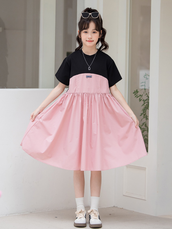 New Arrival Summer Kids Girls Fashion Color Patchwork Cotton Short Sleeves Dress-4